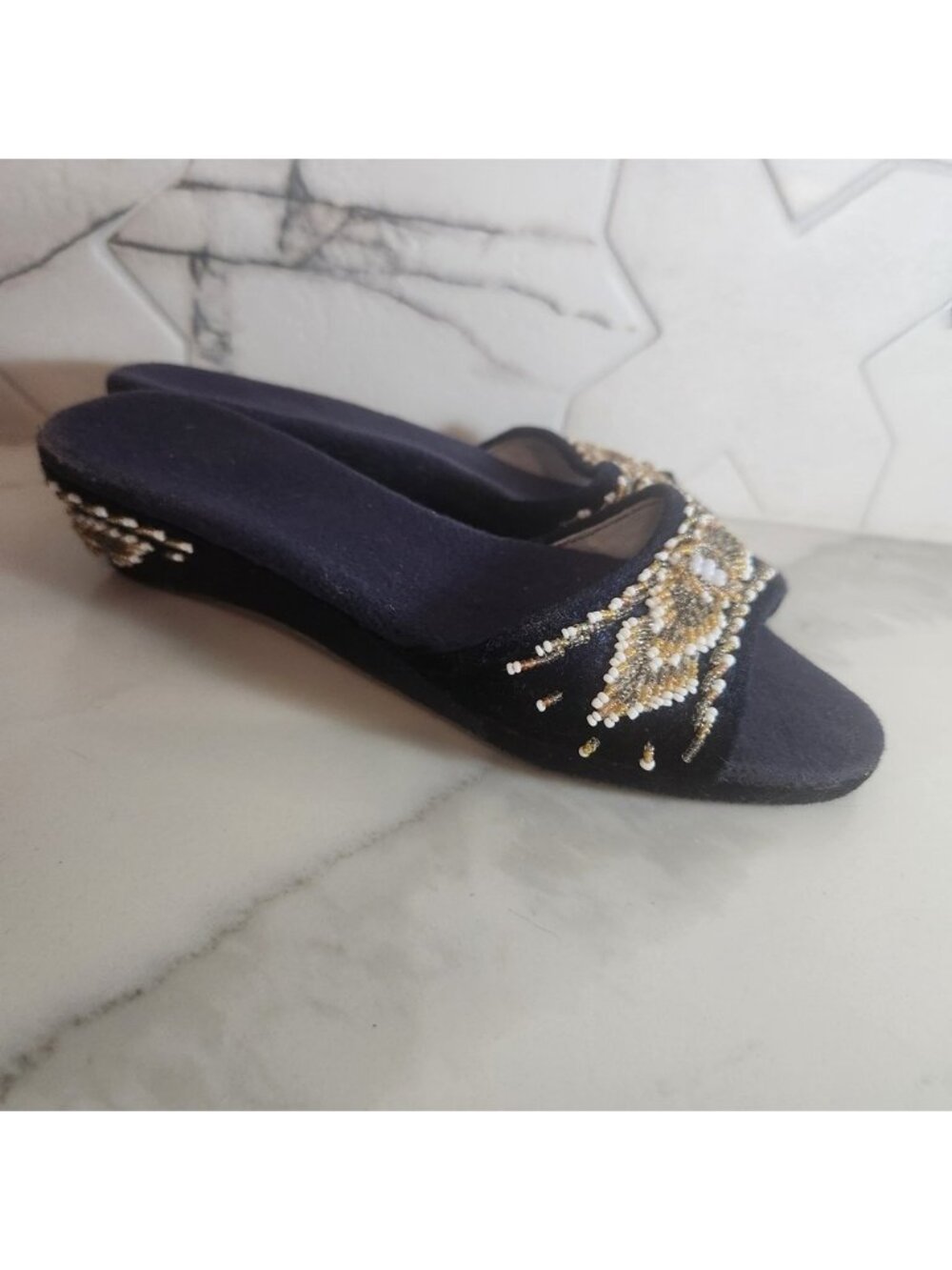 Navy Velvet Beaded Slide Sandals Low Wedge Gold White Floral Heeled Mules